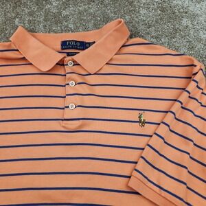 Polo Ralph Lauren Mens XXL Classic Fit Striped Polo Shirt Orange Navy Blue Short